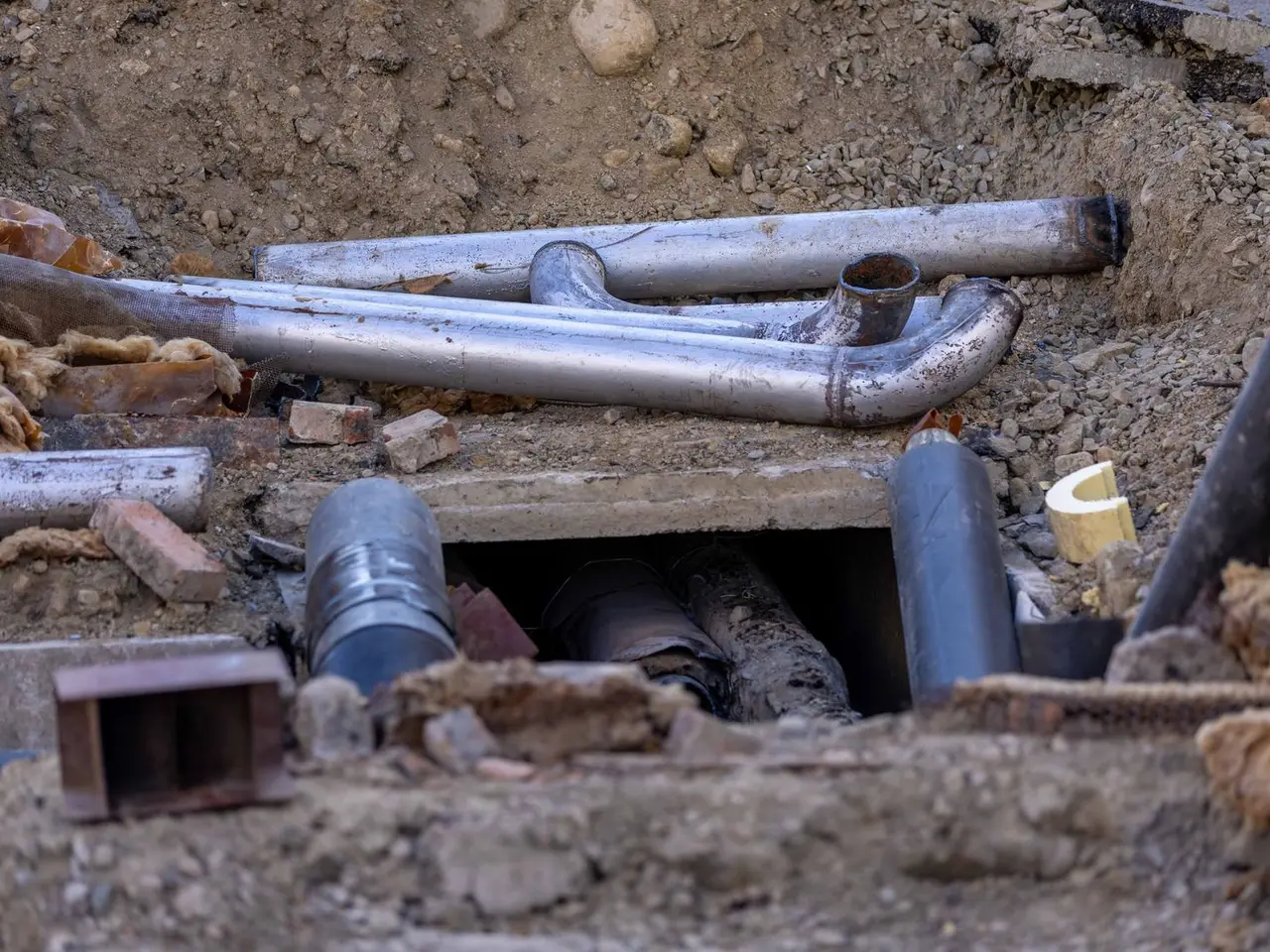Excavated trench with exposed underground pipes
