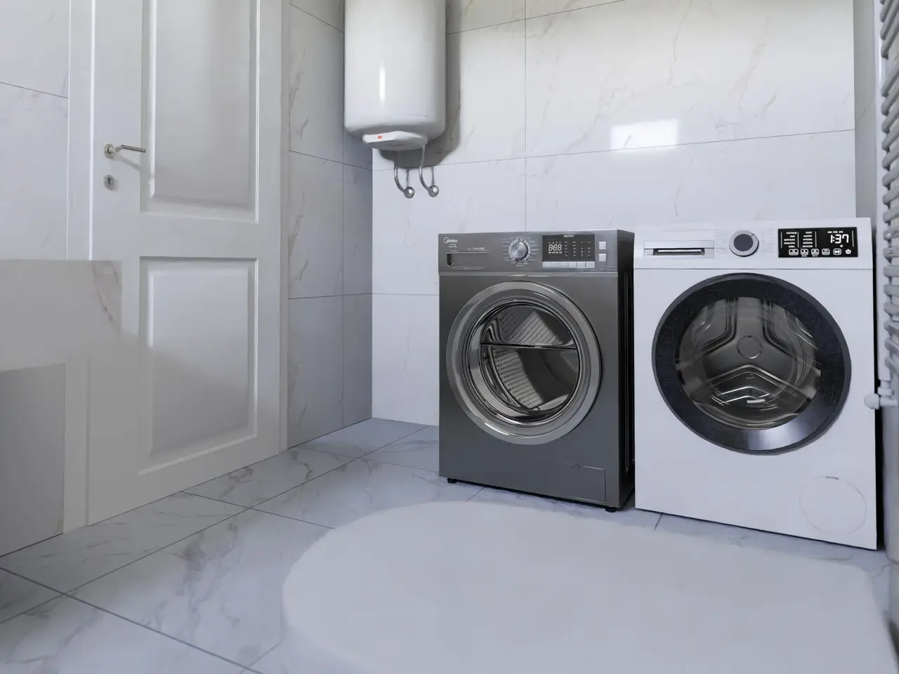 Wall-mounted electric water heater above a washer and dryer