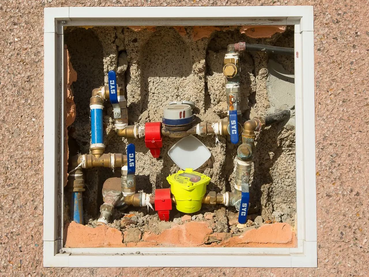 Water meter and supply valves in a wall box